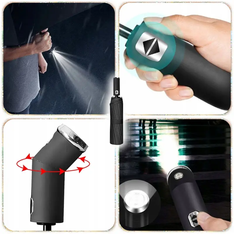 PARASOLKA SKŁADANA DUŻY ELEGANCKI MOCNY + PODŚWIETLENIE LED CZARNY