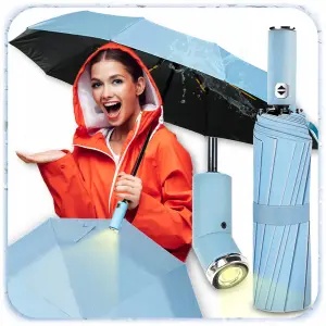 PARASOLKA SKŁADANA DUŻA ELEGANCKA MOCNA PODŚWIETLENIE LED NIEBIESKI