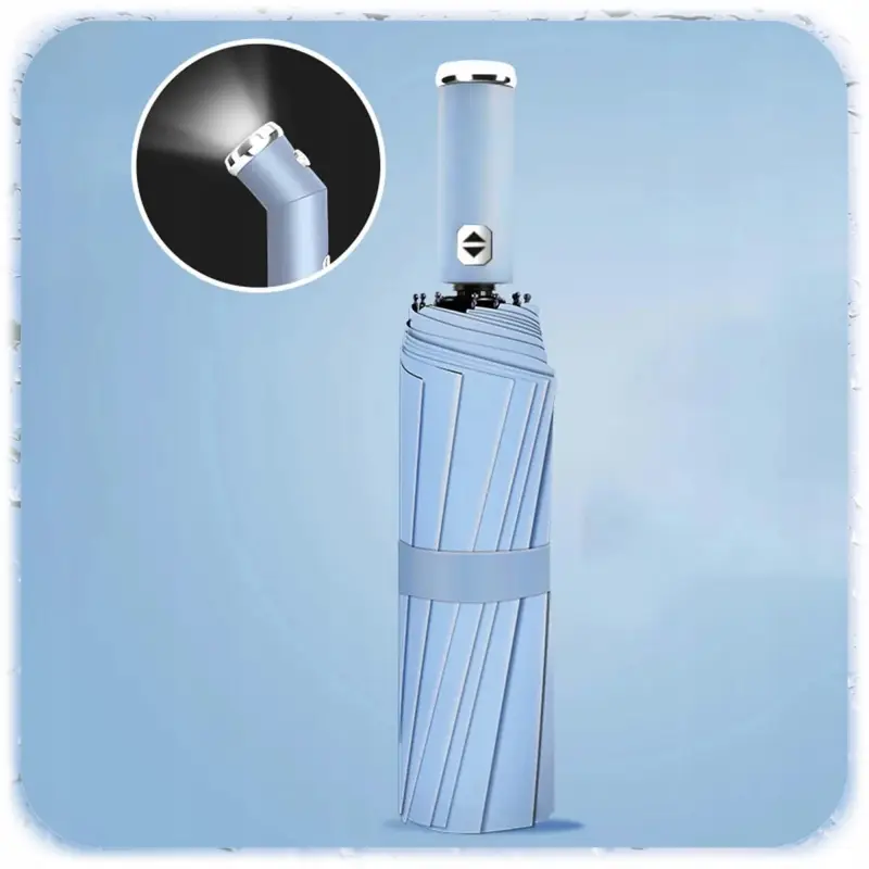 PARASOLKA SKŁADANA DUŻA ELEGANCKA MOCNA PODŚWIETLENIE LED NIEBIESKI