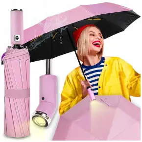 PARASOLKA SKŁADANA DUŻA ELEGANCKA MOCNA PODŚWIETLENIE LED RÓŻOWY