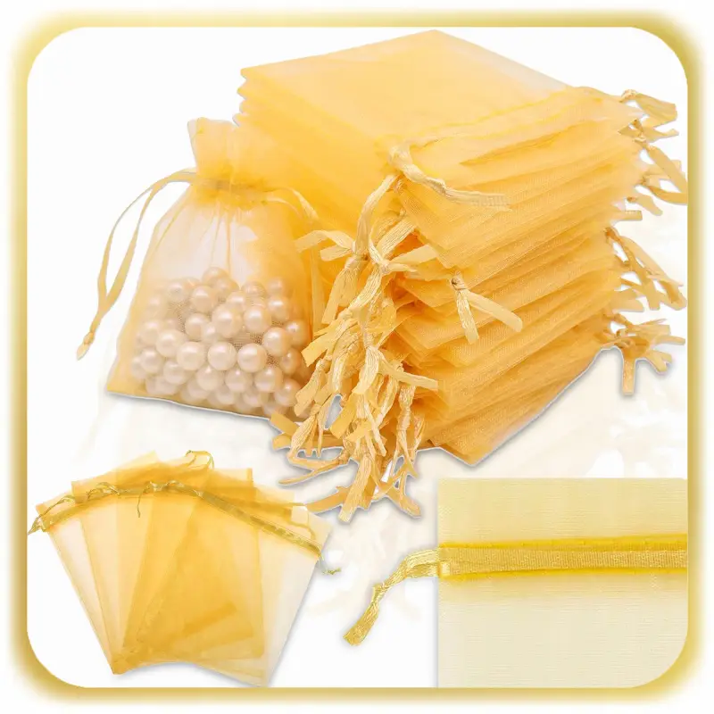 WORECZKI Z ORGANZY NA ŚLUB PREZENT BIŻUTERIĘ MAŁE TOREBKI 10x15 ZŁOTE 100x