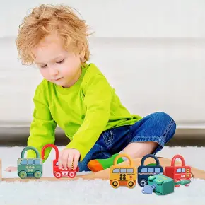 SAMOCHODZIKI Z KŁÓDKAMI MONTESSORI KLUCZAMI ZABAWKA Wagoniki Gra Edukacyjna