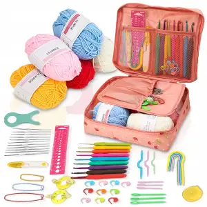 ZESTAW DO SZYDEŁKOWANIA WŁÓCZKA SZYDEŁKA 58 EL. ZNACZNIKI AKCESORIA Z ETUI