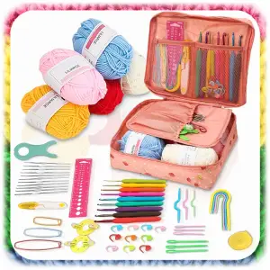 ZESTAW DO SZYDEŁKOWANIA WŁÓCZKA SZYDEŁKA 58 EL. ZNACZNIKI AKCESORIA Z ETUI