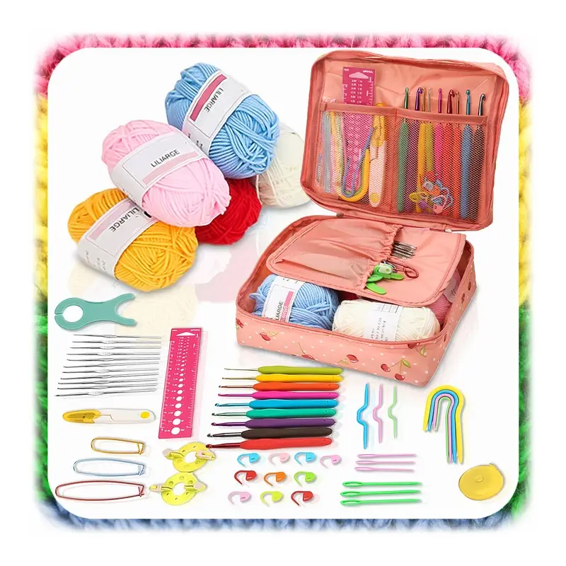 ZESTAW DO SZYDEŁKOWANIA WŁÓCZKA SZYDEŁKA 58 EL. ZNACZNIKI AKCESORIA Z ETUI