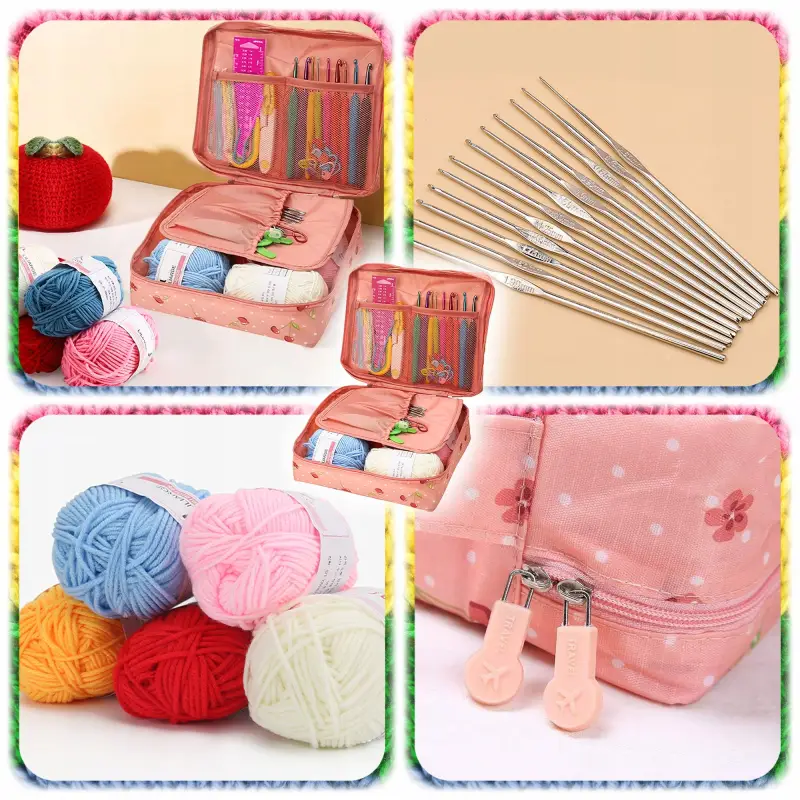 ZESTAW DO SZYDEŁKOWANIA WŁÓCZKA SZYDEŁKA 58 EL. ZNACZNIKI AKCESORIA Z ETUI