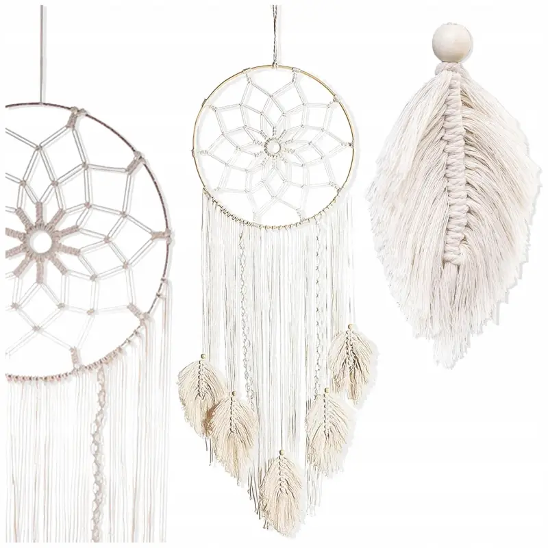 MAKRAMA NA ŚCIANĘ BOHO OZDOBA ŚCIENNA ZE SZNURKA ŁAPACZ SNÓW WISZĄCY LIŚCIE