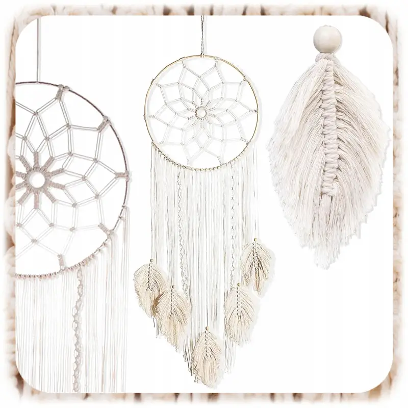 MAKRAMA NA ŚCIANĘ BOHO OZDOBA ŚCIENNA ZE SZNURKA ŁAPACZ SNÓW WISZĄCY LIŚCIE