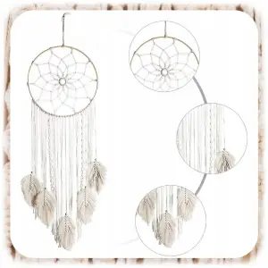 MAKRAMA NA ŚCIANĘ BOHO OZDOBA ŚCIENNA ZE SZNURKA ŁAPACZ SNÓW WISZĄCY LIŚCIE