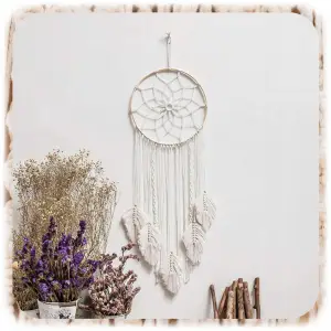 MAKRAMA NA ŚCIANĘ BOHO OZDOBA ŚCIENNA ZE SZNURKA ŁAPACZ SNÓW WISZĄCY LIŚCIE