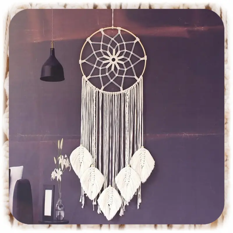 MAKRAMA NA ŚCIANĘ BOHO OZDOBA ŚCIENNA ZE SZNURKA ŁAPACZ SNÓW WISZĄCY LIŚCIE