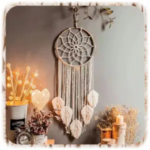 MAKRAMA NA ŚCIANĘ BOHO OZDOBA ŚCIENNA ZE SZNURKA ŁAPACZ SNÓW WISZĄCY LIŚCIE