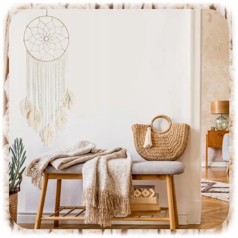 MAKRAMA NA ŚCIANĘ BOHO OZDOBA ŚCIENNA ZE SZNURKA ŁAPACZ SNÓW WISZĄCY LIŚCIE