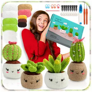 KOMPLETNY ZESTAW DIY DO SZYDEŁKOWANIA KAKTUSY WŁÓCZKA SZYDEŁKA AKSESORIA