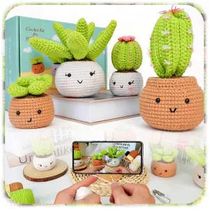 KOMPLETNY ZESTAW DIY DO SZYDEŁKOWANIA KAKTUSY WŁÓCZKA SZYDEŁKA AKSESORIA