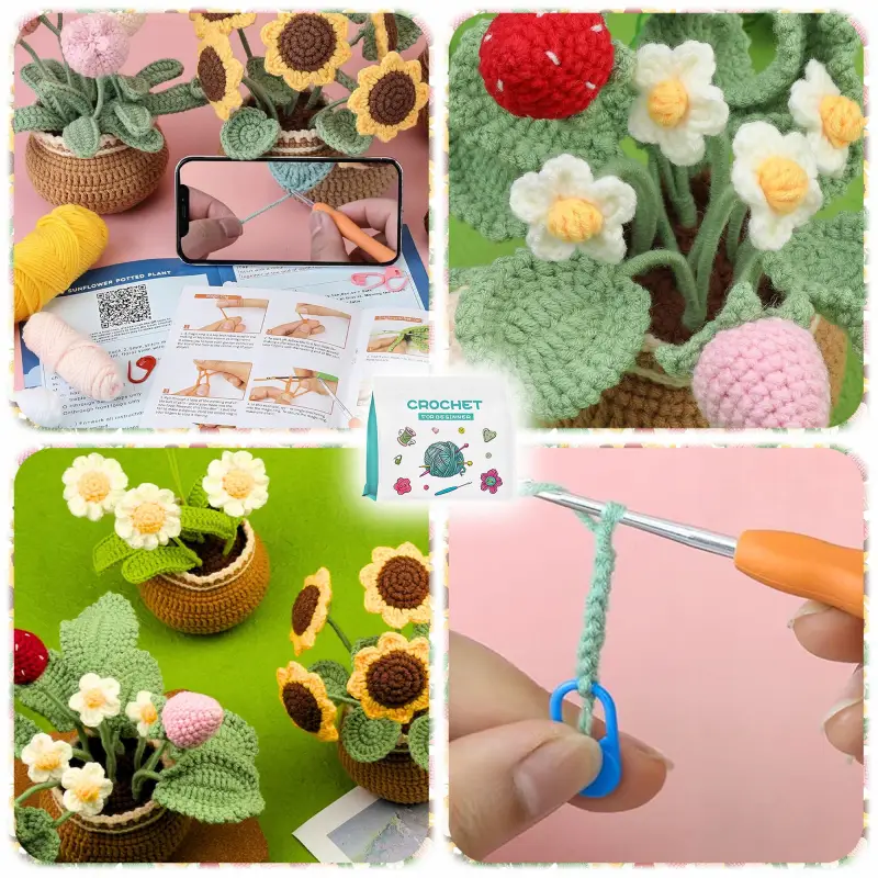 ZESTAW DO SZYDEŁKOWANIA DIY KWIATKI ROŚLINY W DONICZKACH 5 SZT + AKCESORIA