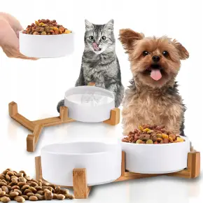 ZESTAW MISKA DLA PSA KOTA PODWÓJNA CERAMICZNA NA STOJAKU BIAŁE 2x400ml