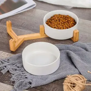 ZESTAW MISKA DLA PSA KOTA PODWÓJNA CERAMICZNA NA STOJAKU BIAŁE 2x400ml