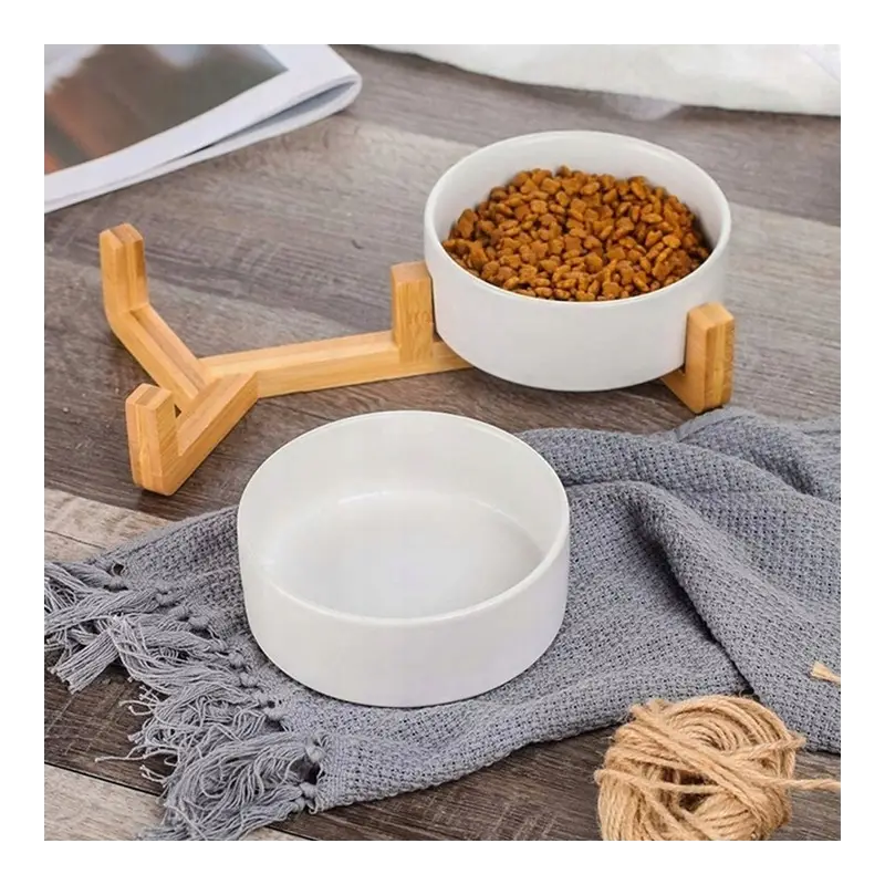ZESTAW MISKA DLA PSA KOTA PODWÓJNA CERAMICZNA NA STOJAKU BIAŁE 2x400ml