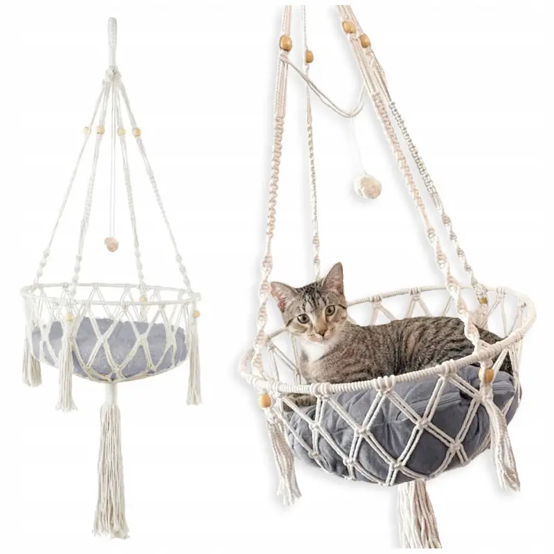 HAMAK LEGOWISKO DLA KOTA BOHO MAKRAMA WISZĄCY POD SUFIT 40x40CM + PODUSZKA