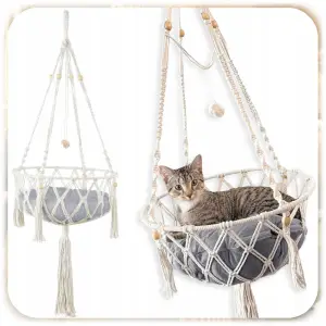 HAMAK LEGOWISKO DLA KOTA BOHO MAKRAMA WISZĄCY POD SUFIT 40x40CM + PODUSZKA