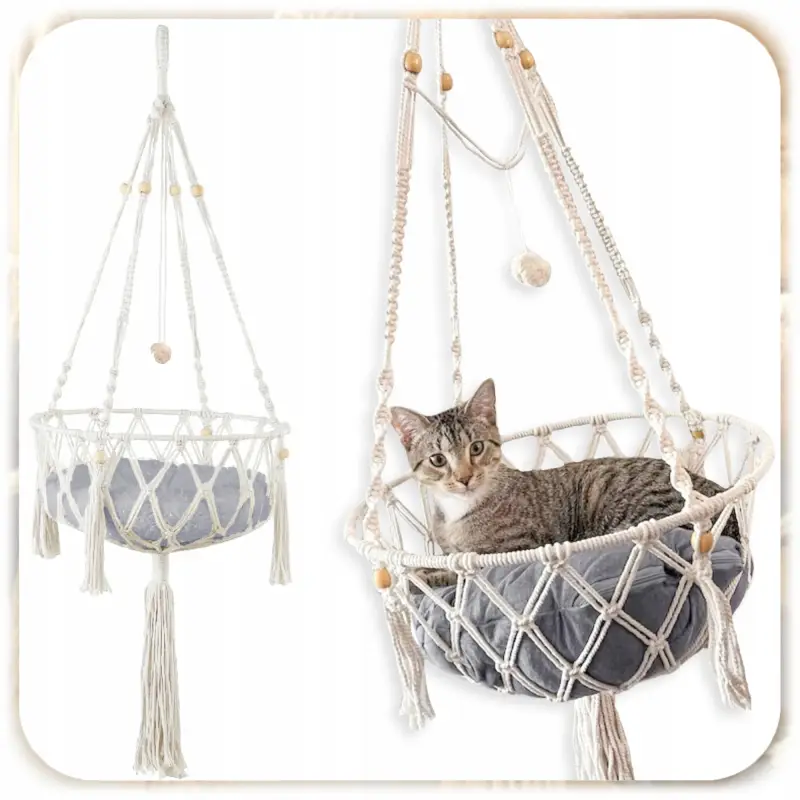 HAMAK LEGOWISKO DLA KOTA BOHO MAKRAMA WISZĄCY POD SUFIT 40x40CM + PODUSZKA