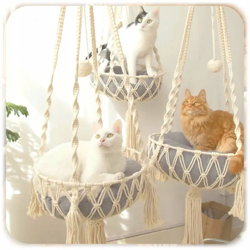 HAMAK LEGOWISKO DLA KOTA BOHO MAKRAMA WISZĄCY POD SUFIT 40x40CM + PODUSZKA