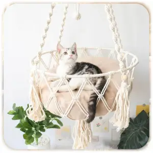 HAMAK LEGOWISKO DLA KOTA BOHO MAKRAMA WISZĄCY POD SUFIT 40x40CM + PODUSZKA