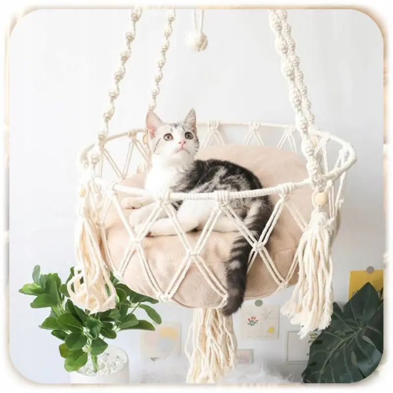 HAMAK LEGOWISKO DLA KOTA BOHO MAKRAMA WISZĄCY POD SUFIT 40x40CM + PODUSZKA