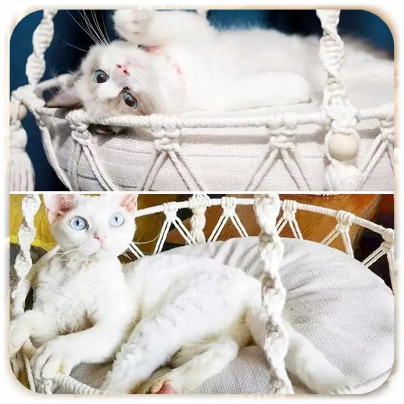 HAMAK LEGOWISKO DLA KOTA BOHO MAKRAMA WISZĄCY POD SUFIT 40x40CM + PODUSZKA