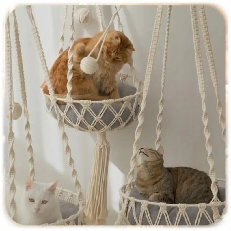 HAMAK LEGOWISKO DLA KOTA BOHO MAKRAMA WISZĄCY POD SUFIT 40x40CM + PODUSZKA