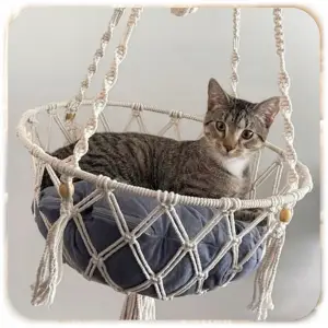 HAMAK LEGOWISKO DLA KOTA BOHO MAKRAMA WISZĄCY POD SUFIT 40x40CM + PODUSZKA