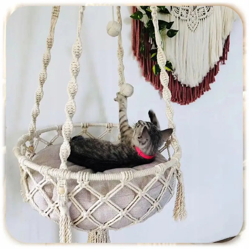 HAMAK LEGOWISKO DLA KOTA BOHO MAKRAMA WISZĄCY POD SUFIT 40x40CM + PODUSZKA