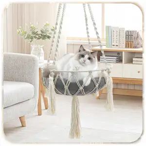 HAMAK LEGOWISKO DLA KOTA BOHO MAKRAMA WISZĄCY POD SUFIT 40x40CM + PODUSZKA