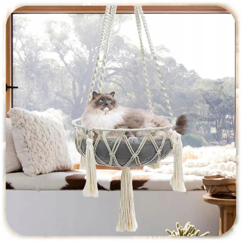 HAMAK LEGOWISKO DLA KOTA BOHO MAKRAMA WISZĄCY POD SUFIT 40x40CM + PODUSZKA