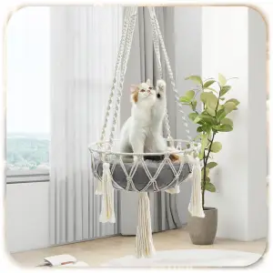 HAMAK LEGOWISKO DLA KOTA BOHO MAKRAMA WISZĄCY POD SUFIT 40x40CM + PODUSZKA