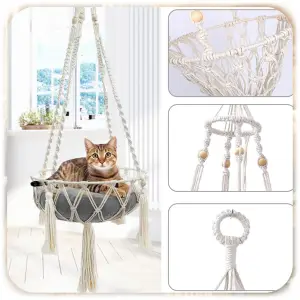 HAMAK LEGOWISKO DLA KOTA BOHO MAKRAMA WISZĄCY POD SUFIT 40x40CM + PODUSZKA
