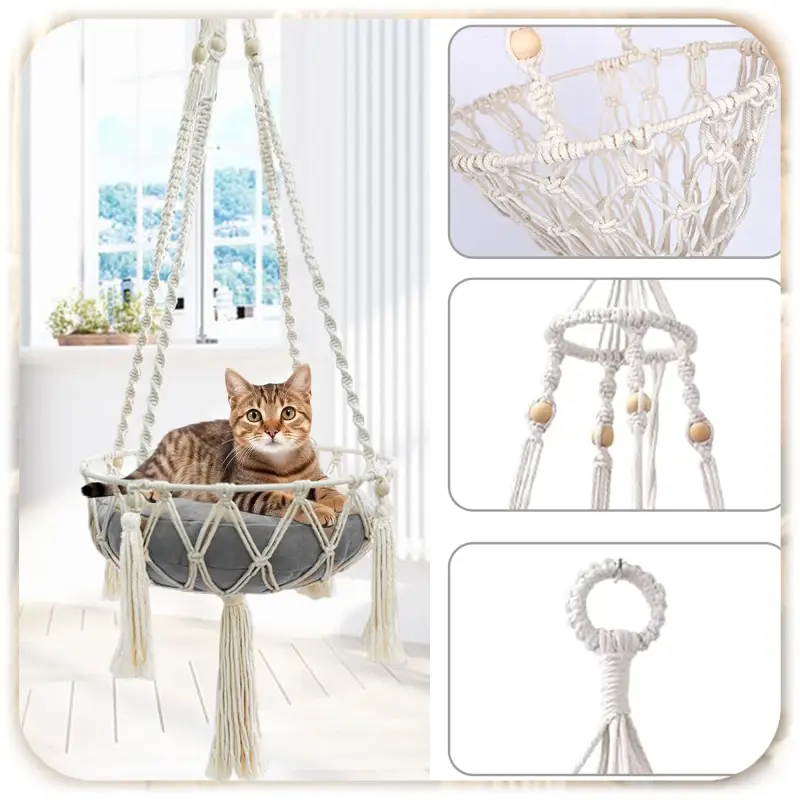 HAMAK LEGOWISKO DLA KOTA BOHO MAKRAMA WISZĄCY POD SUFIT 40x40CM + PODUSZKA