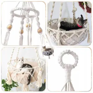 HAMAK LEGOWISKO DLA KOTA BOHO MAKRAMA WISZĄCY POD SUFIT 40x40CM + PODUSZKA