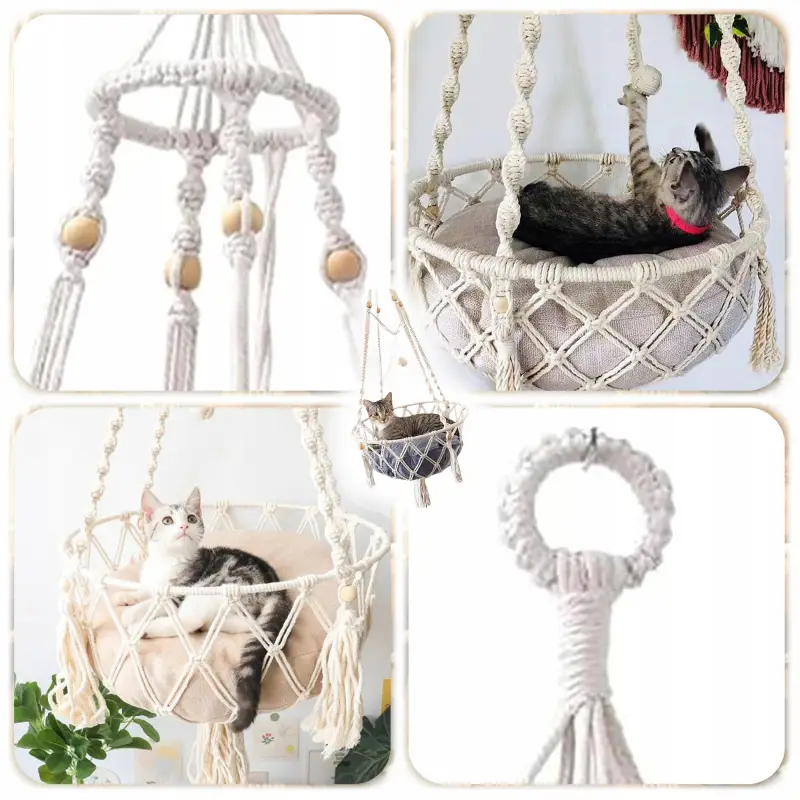 HAMAK LEGOWISKO DLA KOTA BOHO MAKRAMA WISZĄCY POD SUFIT 40x40CM + PODUSZKA