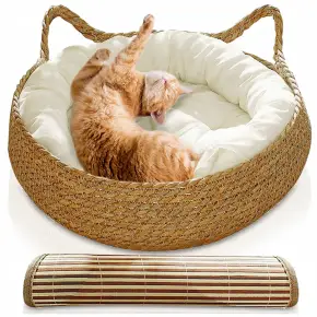 LEGOWISKO DLA KOTA PSA OKRĄGŁE 48 CM LEŻANKA KOJEC PLECIONE + PODUSZKA MATA
