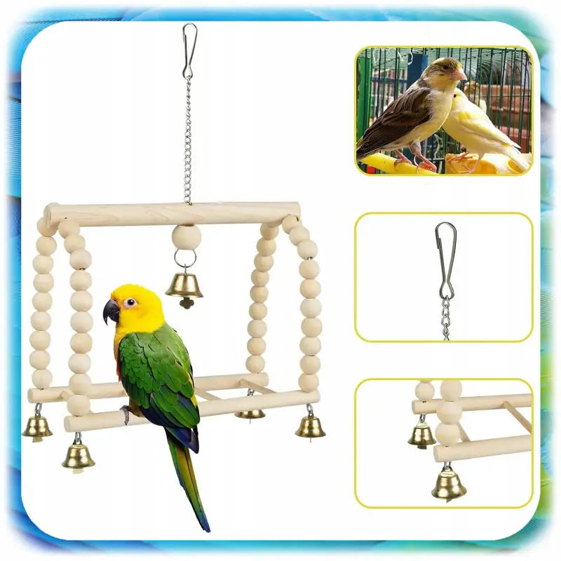 ZABAWKI DLA PAPUGI PTAKÓW HUŚTAWKA DZWONKI DLA PAPUG DREWNIANE ZESTAW 8 SZT