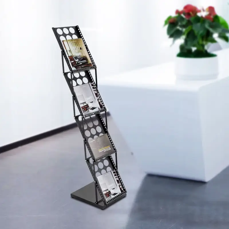 STOJAK NA ULOTKI A4 EKSPOZYTOR PIONOWY ROZKŁADANY REKLAMOWY 4 PÓŁKI CZARNY