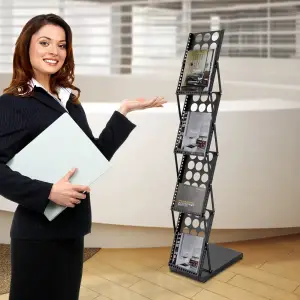 STOJAK NA ULOTKI A4 EKSPOZYTOR PIONOWY ROZKŁADANY REKLAMOWY 4 PÓŁKI CZARNY