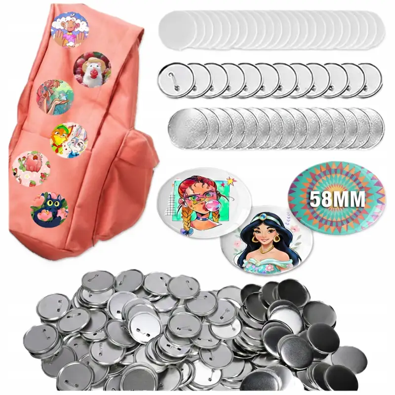 KOMPONENTY DO PRZYPINEK METALOWYCH Z AGRAFKĄ 58MM FOLIE 100 SZT BUTTON DIY