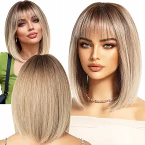 PERUKA DAMSKA BOB BLOND OMBRE PROSTE WŁOSY Z GRZYWKĄ SYNTETYCZNE 35 cm WIG