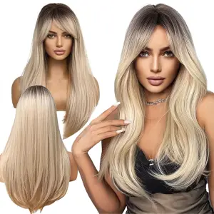 PERUKA DAMSKA DŁUGIE BLOND OMBRE WŁOSY PROSTE Z GRZYWKĄ SYNTETYCZNE 63 cm