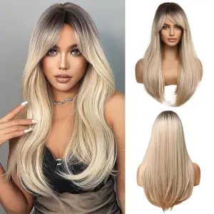 PERUKA DAMSKA DŁUGIE BLOND OMBRE WŁOSY PROSTE Z GRZYWKĄ SYNTETYCZNE 63 cm