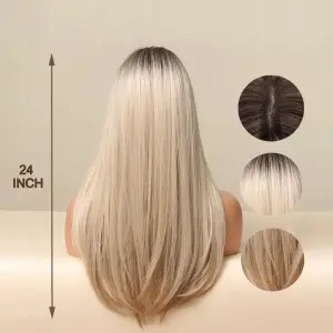 PERUKA DAMSKA DŁUGIE BLOND OMBRE WŁOSY PROSTE Z GRZYWKĄ SYNTETYCZNE 63 cm