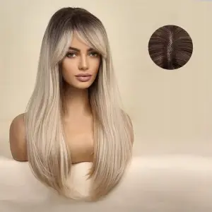 PERUKA DAMSKA DŁUGIE BLOND OMBRE WŁOSY PROSTE Z GRZYWKĄ SYNTETYCZNE 63 cm